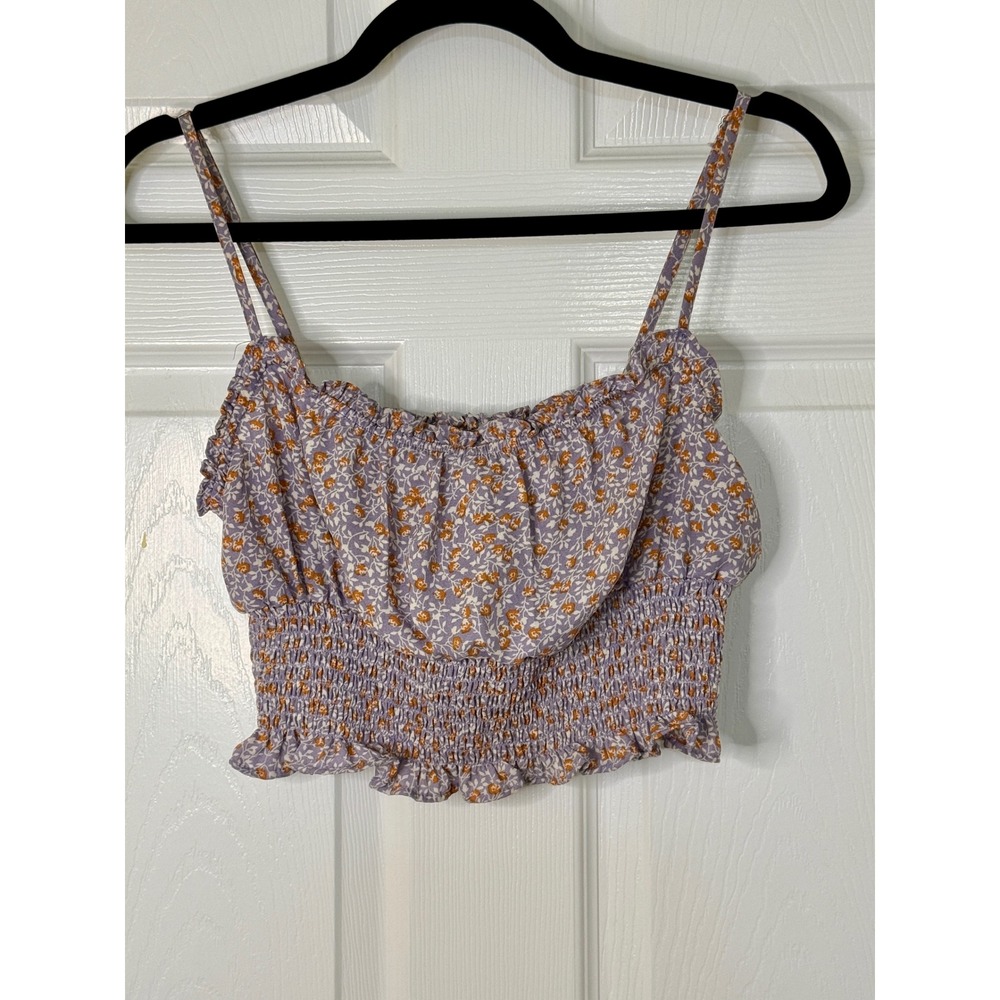 Blāshe Floral Crop Top Womens M Purple Orange Smocked Ruffle‎ Excellent Boho
